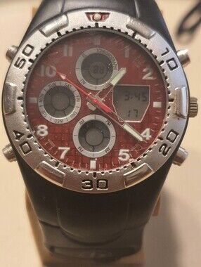 10/$20 Bum Equipment Silver/Red Nylon Dual Time Alarm Chrono Men's Watch